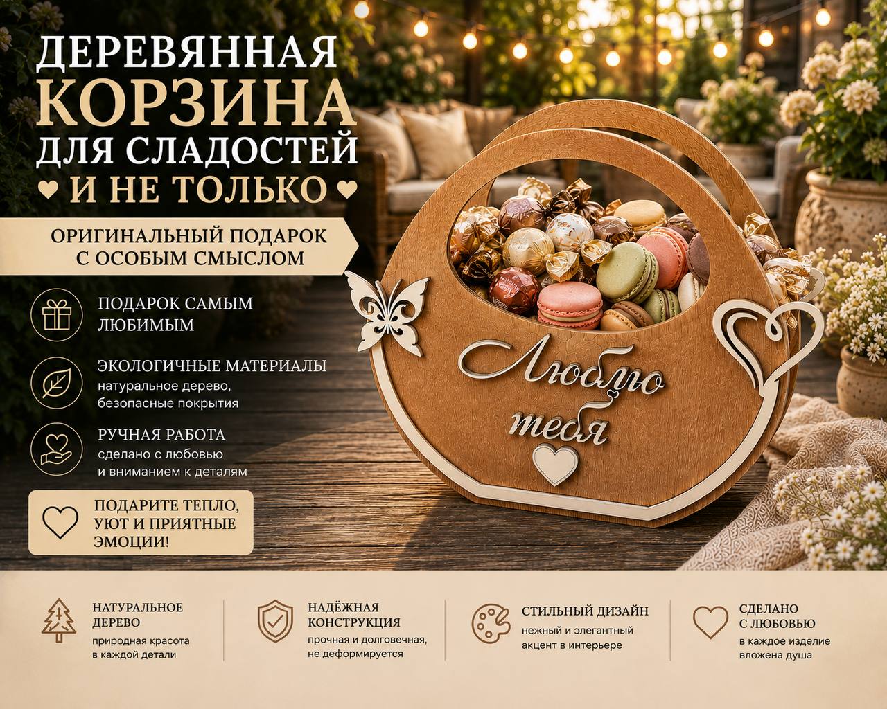 Деревянная корзина для сладостей
